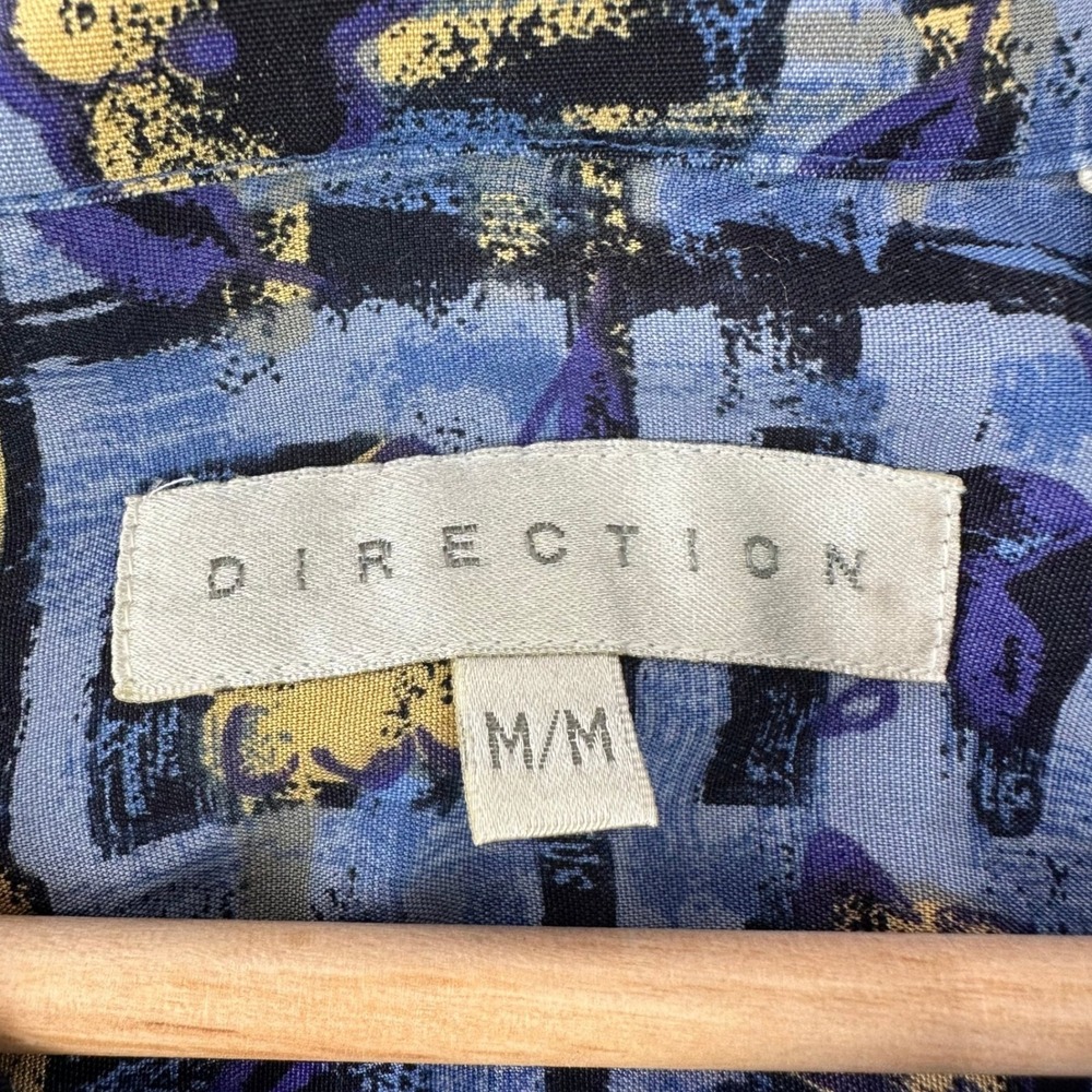 Vintage Camp Shirt Mens Medium Blue Abstract Print Rayon 80s Direction Vacation - Picture 5 of 9